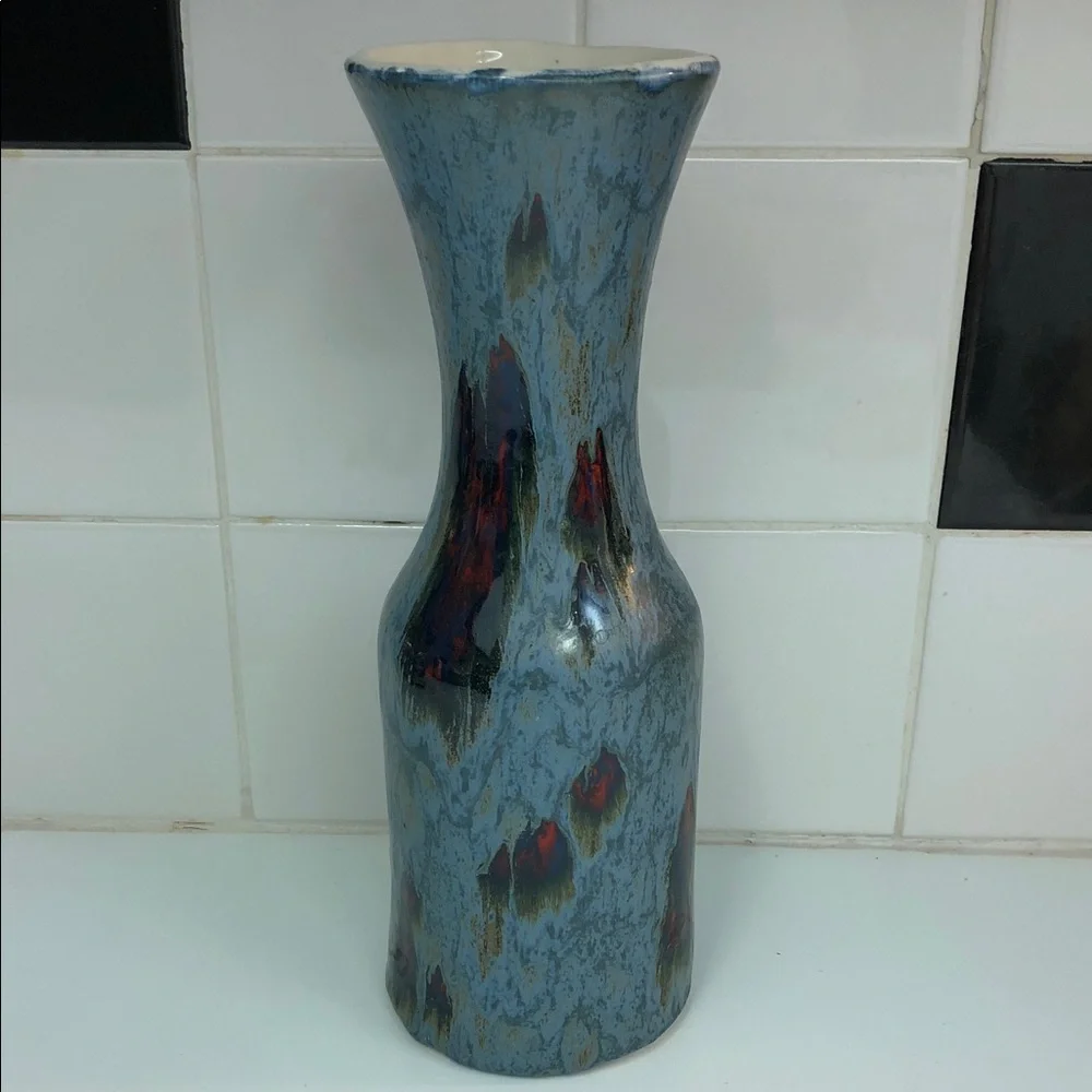 BLUE CERAMIC HANDMADE VASE • RED/GOLD/NAVY ACCENTS • 9.75” x 3”